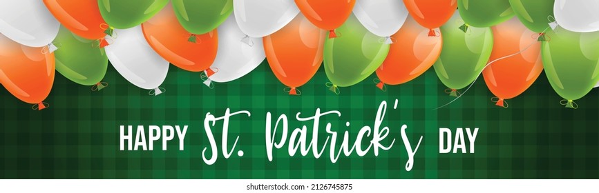 St. Patricks Day banner background with green, orange and white balloons. Irish national holiday. Vector illustration.