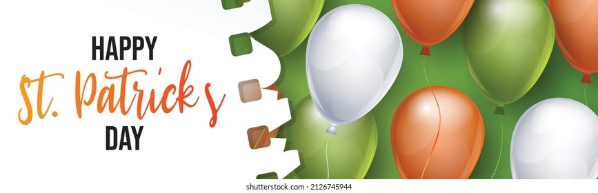 St. Patricks Day banner background with green, orange and white balloons. Irish national holiday. Vector illustration.