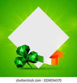 St. Patrick's day banner with blank paper, emerald clover and irish flag on green background