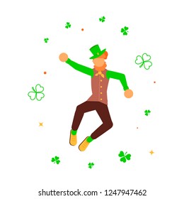 St Patricks Day banner. Cute cartoon leprechaun dancing amongst shamrock. Vector illustration eps 10