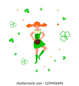 St Patricks Day banner. Cute cartoon girl leprechaun dancing amongst shamrock. Vector illustration eps 10