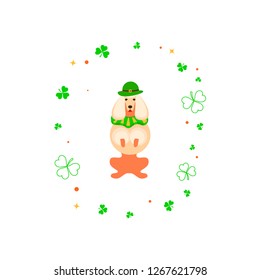 St Patricks Day banner. Cute cartoon dog leprechaun dancing amongst shamrock. Vector illustration eps