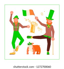 St Patricks Day banner. Cute cartoon leprechauns with mugs of beer dancing. Vector illustration eps