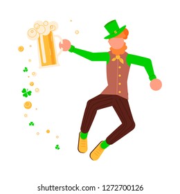 St Patricks Day banner. Cute cartoon leprechaun with mug of beer dancing amongst shamrock. Vector illustration eps