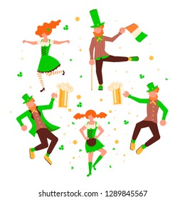 St Patricks Day banner. Cute cartoon leprechauns with mugs of beer dancing. Vector illustration eps