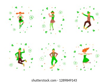 St Patricks Day banner. Cute cartoon leprechauns with mugs of beer dancing. Vector illustration eps