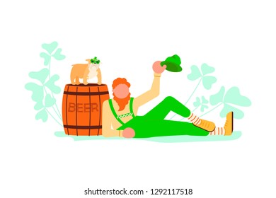 St Patricks Day banner. Cute cartoon leprechauns with mugs of beer dancing. Vector illustration eps