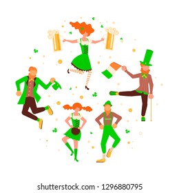 St Patricks Day banner. Cute cartoon leprechauns with mugs of beer dancing. Flat Art Vector illustration