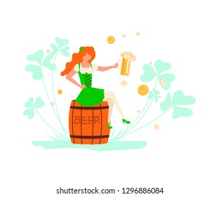 St Patricks Day banner. Cute cartoon leprechauns with mugs of beer on beer barrels. Flat Art Vector illustration