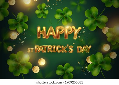 St. Patrick's Day banner design template. 3d effect of clover and letters in the form of metal balls.A simple banner for a website, store, or magazine of promotions. Vector