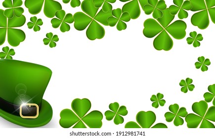 St. Patrick's Day banner design template with green hat and clover. Realistic banner for website, store, magazine promotions, postcards, posters, banners. Vector