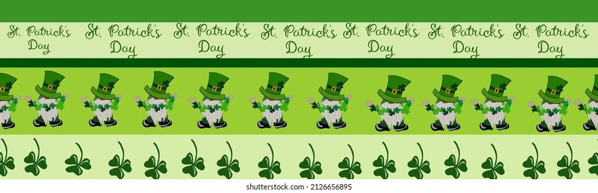 St. Patrick's Day banner with elements of clover leaves, shamrocks, leprechaun. Green stripes background.