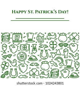 St. Patrick's Day banner with green thin line elements of holiday symbols collected in form of horizontal rectangle. Vector illustration of isolated outline icons with editable stroke.