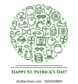 St. Patrick's Day banner with green thin line elements of holiday symbols collected in form of round. Vector illustration of isolated outline icons with editable stroke.