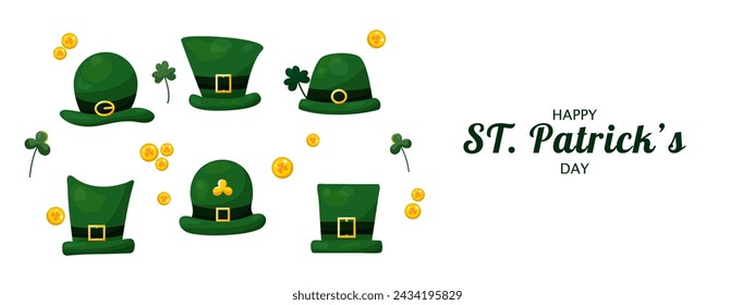 St. Patrick's Day banner with green Elf hats, coins and shamrock on white background. Festive background for web use, printing and unique festive design