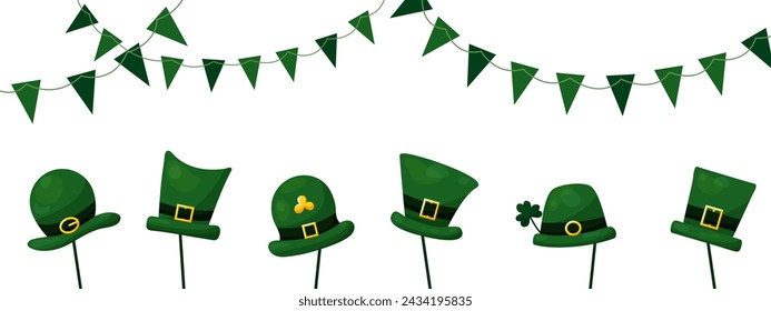 St. Patrick's Day banner with green Elf hats on sticks and garlands of flags on white background. Festive background for web use, printing and unique festive design.