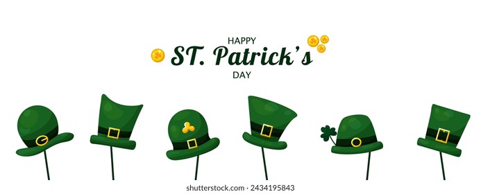 St. Patrick's Day banner with green Elf hats on stick, coins and shamrock on white background. Festive background for web use, printing and unique festive design