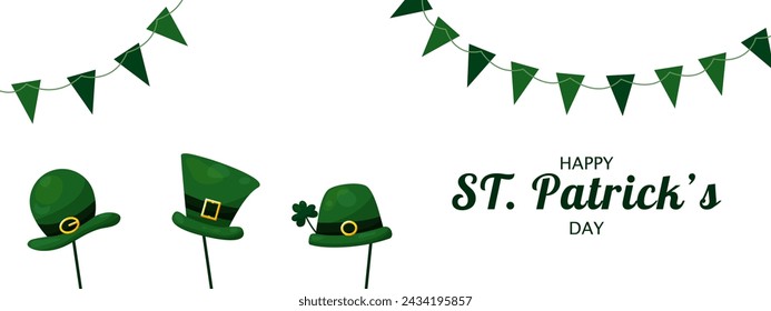 Banner del Día de San Patricio con sombreros de elfo verdes en palos y guirnaldas de banderas sobre fondo blanco con lugar libre para su texto. Fondo festivo para uso web, impresión y diseño festivo único.