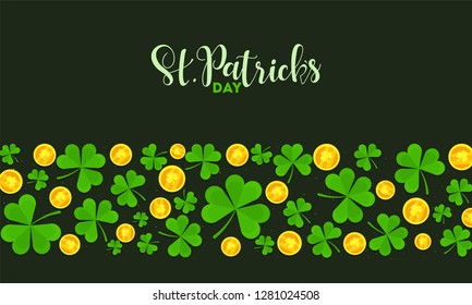 St. Patrick's Day banner or greeting card design decorated with shamrock leaves and gold coins.