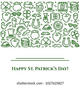 St. Patrick's Day banner with gren thin line holiday symbols and elements collected in form of horizontal rectangle. Vector illustration of isolated outline icons with editable stroke.