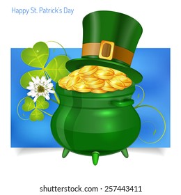 St. Patrick's Day Banner with Hat, Gold Coins, Cauldron and Shamrock in 3D Realistic Style. Can be used for web banners, flyer, poster and printing advertising. Vector illustration.