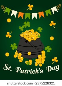 St. Patrick's Day banner. Holiday card, poster, placard. Irish national holiday. Cauldron with gold coins and clover. 