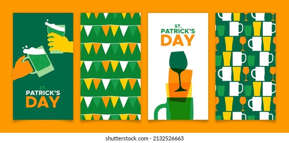 St. Patrick's Day banner illustration set of friends drinking green beer glass and seamless pattern.