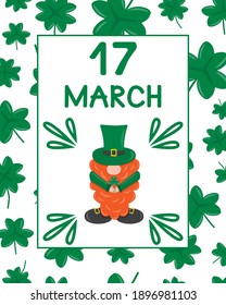 St. Patrick's day banner with irish gnome or leprechaun. Design for greeting or post card,festive invitation, flyer,holiday decoration, pub menu, template. Flat illustration