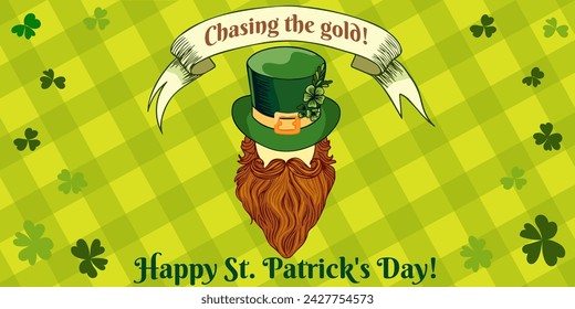 St. Patrick's Day banner, Irish holiday poster, clover leaves on a background of checkered fabric