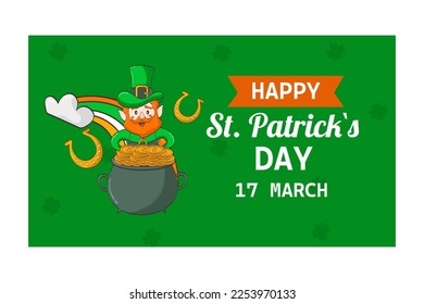 St. Patrick's Day banner. A leprechaun and a pot of gold 