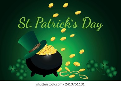 Banner del Día de San Patricio con tesoro de leprechaun, olla llena de monedas de oro y sombrero verde en un fondo verde festivo. Ilustración vectorial.