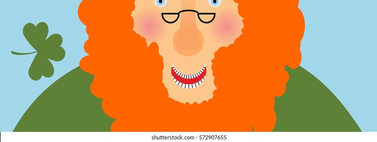 St. Patricks Day banner. Leprechaun face . Head with Red beard. festival in Ireland
