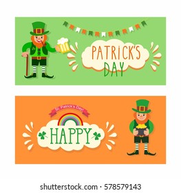 St. Patrick's Day banner. leprechaun with a pot of gold. St. Patrick's Day card. Leprechaun with a stick, smoking pipe and a glass of beer
