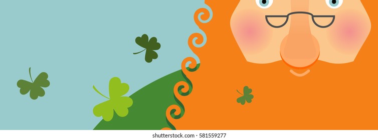 St. Patricks Day banner. Leprechaun face . Head with Red beard. festival in Ireland
