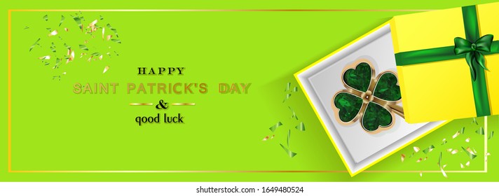 St. Patrick's Day banner. March 17 background design with realistic yellow gifts box, golden 3d render shine gold trefoil and confetti, baubles. Horizontal poster, postcard, website headers.