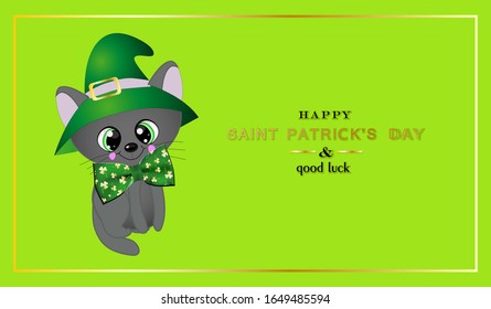 St. Patrick's Day banner. March 17 background design, Cat in a green hat. Horizontal poster, postcard, website headers.