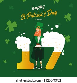 St. Patrick's Day banner in national colors. Character in national costume, March 17th. Vector illustration