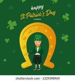 St. Patrick's Day banner in national colors. Golden Horseshoe, a character in national costume, March 17th. Vector illustration