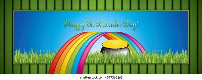 St. Patrick's Day banner with pot of gold and rainbow.Vector