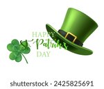 St. Patrick's Day banner. realistic vector illustration. Shamrocks leaf and leprechaun hat isolated on white background. 