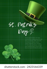 St. Patrick's Day banner. realistic vector illustration. Shamrocks leaf and leprechaun hat on green background. 