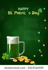 Cartel del Día de San Patricio. ilustración vectorial realista. Cerveza verde con monedas doradas y reaf chamrock.