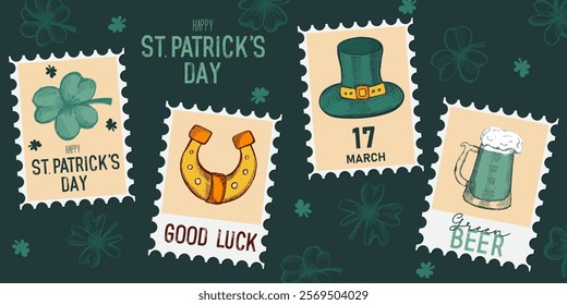 St. Patrick's Day banner with retro postage stamps. Trendy design for Irish holiday. Vector illustration