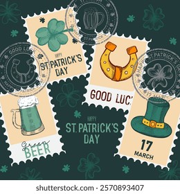 St. Patrick's Day banner with retro postage stamps. Trendy design for Irish holiday. Vector illustration