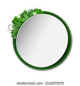 St. Patricks Day banner. Round banner with green clover leaves. Vector illustration