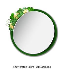 St. Patricks Day banner. Round banner with green clover leaves and golden coins. Vector illustration