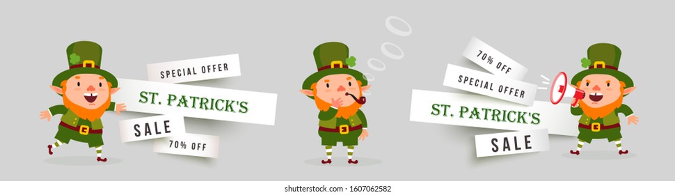 St. Patricks Day banner sale set of paper cut banners with leprechauns with megaphone and tobacco pipe. Festive design elements with funny traditional vector characters isolated on gray background