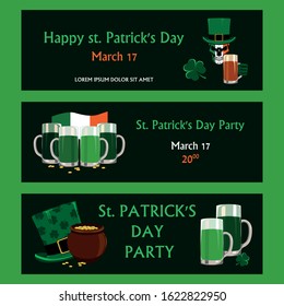 St. Patrick's Day banner set. Vector images of hats, clovers, skulls, pots of gold. Images on a green background.
