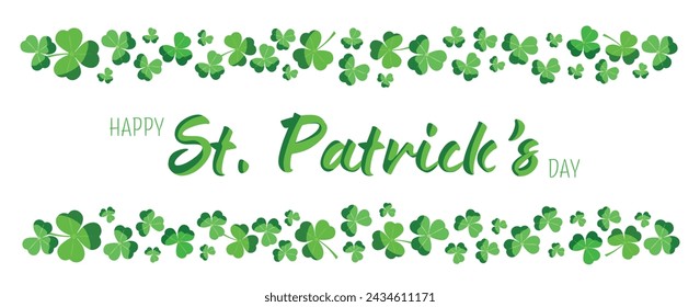 St. Patrick's Day banner with shamrock in a row. Green clover border, horizontal frame. Sample symbol of Ireland. Irish header for the web.