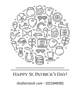 St. Patrick's Day banner with thin line elements of holiday symbols collected in form of circle. Vector illustration of isolated outline icons with editable stroke.